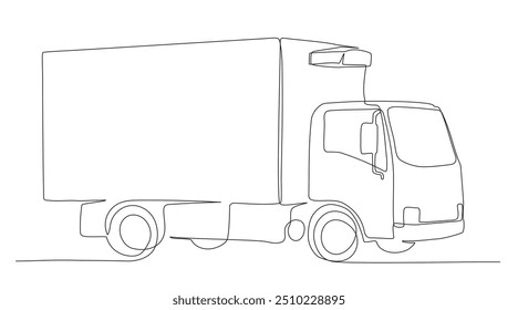 Truck with air conditioner system on road. Continuous one line drawing. Black and white vector illustration in line art style.