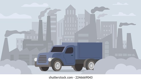 Truck air pollution.Road smog.Industrial carbon dioxide cloud. Polluted air environment at city.Atmospheric pollution.Bad urban environment.Contamination problem.Vector flat illustration.