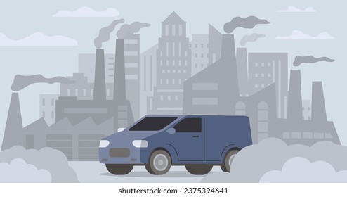 Truck air pollution.Road smog.Industrial carbon dioxide cloud. Polluted air environment at city.Atmospheric pollution.Bad urban environment.Contamination problem.Vector flat illustration.