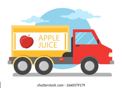 Truck with apple juice vector isolated. Organic product transportation. Natural juice, idea of agriculture. Big vehicle with fresh beverage.