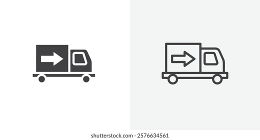 Truck arrow icon set in black flat solid and outlined style.