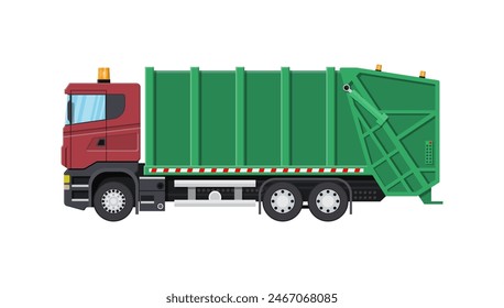 Truck for assembling and transportation garbage. Car waste disposal. Garbage recycling and utilization equipment. Waste management. Vector illustration in flat style