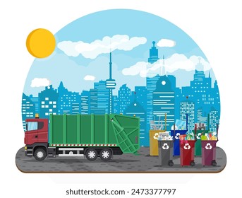 Truck for assembling, transportation garbage. Car waste disposal. Can container, bag and bucket for garbage. Recycling and utilization equipment. Urban cityscape. Vector illustration in flat style