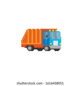 Truck for assembling and transportation garbage pixel art icon. Element design for logo, stickers, web, embroidery and mobile app. Isolated vector illustration. 8-bit sprite.