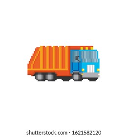 Truck for assembling and transportation garbage pixel art icon. Element design for logo, stickers, web, embroidery and mobile app. Isolated vector illustration. 8-bit sprite.