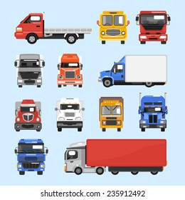 Truck auto delivery transport vehicles decorative icons flat set isolated vector illustration