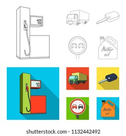 Truck with awning, ignition key, prohibitory sign, engine oil in canister, Vehicle set collection icons in outline,flat style vector symbol stock illustration web.