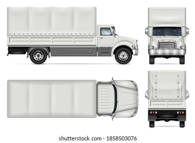 Truck with awning vector mockup on white for vehicle branding, corporate identity. View from side, front, back, top. All elements in the groups on separate layers for easy editing and recolor.