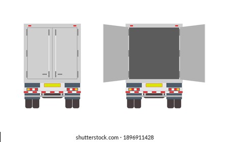 Truck In Back. Van For Delivery. Lorry With Container For Cargo. Open, Closed Door On Trailer. View Rear Of Car For Shipping. Commercial Transport For Post Service, Business. Mockup Of Truck. Vector.