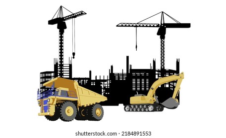 Truck With Backhoe And Silhouette Construction Background.Vector Illustration