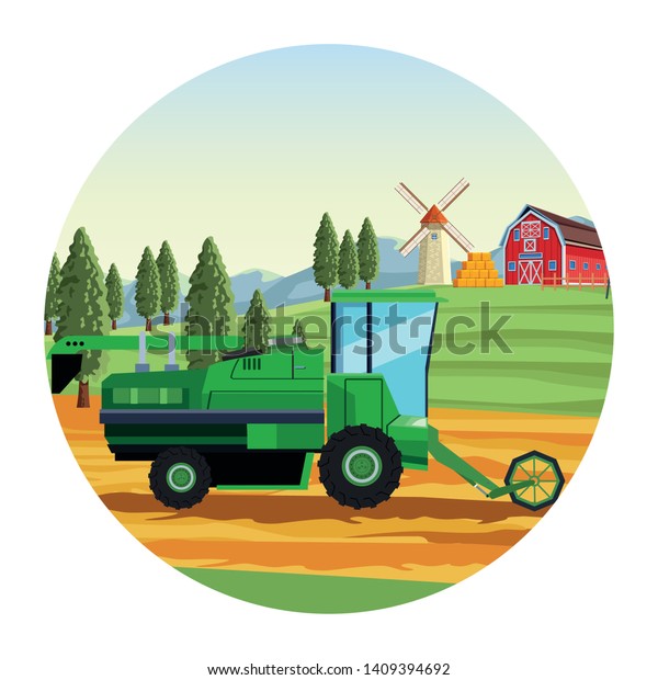 truck with barn and windmill\
round icon cartoon isolated vector illustration graphic\
design