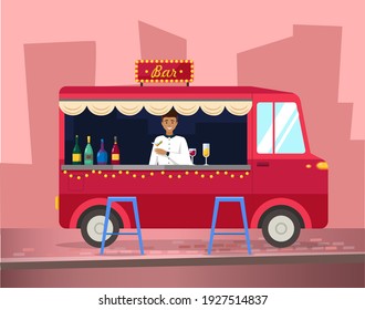 Truck with bartender making alcohol drink. Street food van, mobile shop, cafe on wheels, food bus concept. Men buying cocktails from outdoor bar. Guy giving order to guests. Street bar. Fast food cafe