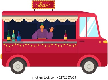 Truck With Bartender Making Alcohol Drink For Visitors. Street Food Van, Mobile Shop, Cafe On Wheels, Food Bus Concept. People Buying Cocktails From Outdoor Bar. Guy Giving Order To Guests At Festival