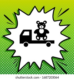 Truck with bear. Black Icon on white popart Splash at green background with white spots. Illustration.