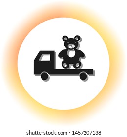 Truck with bear. Dark icon with shadow on the glowing circle button. Illustration.