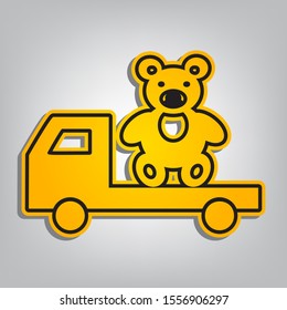 Truck with bear. Flat orange icon with overlapping linear black icon with gray shadow at whitish background. Illustration.