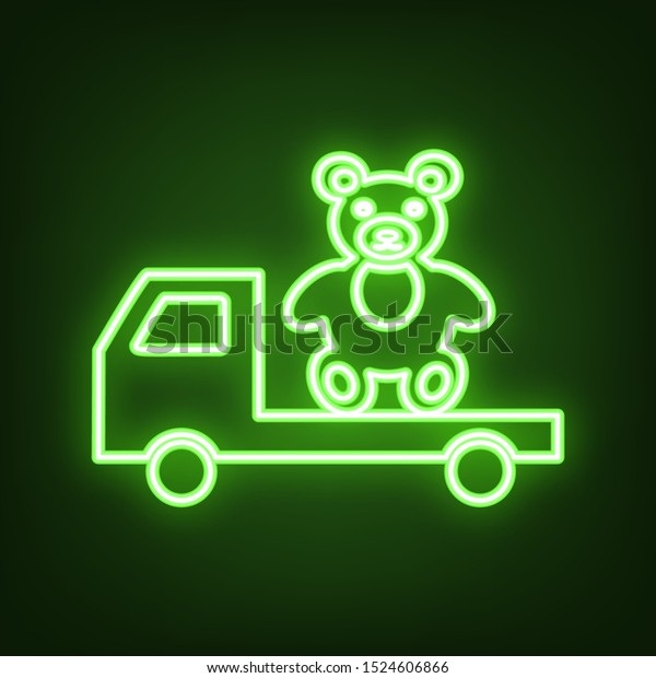 Truck with bear. Green neon icon in the\
dark. Blurred lightening.\
Illustration.