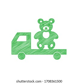 LKW mit Bär. Grünes, schreibendes Symbol mit fester Kontur auf weißem Hintergrund. Illustration.