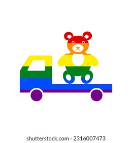 Truck with bear. Rainbow gay LGBT rights colored Icon at white Background. Illustration.