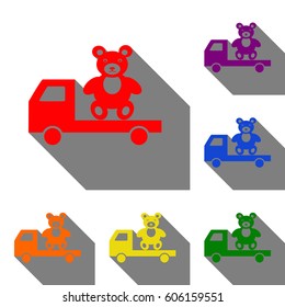Truck with bear. Set of red, orange, yellow, green, blue and violet icons at white background with flat shadow.