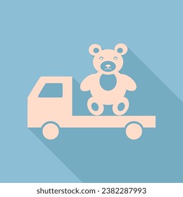 Truck with bear. Unbleached silk Icon with very long shadow at dark sky blue background. Illustration.