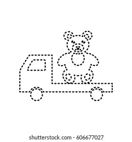 Truck with bear. Vector. Black dashed icon on white background. Isolated.