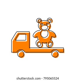 Truck with bear. Vector. Black line icon with shifted flat orange filled icon on white background. Isolated.