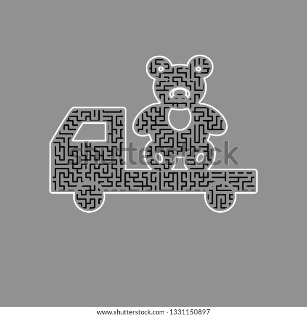Truck with bear. Vector. Black maze filled\
icon with white border at gray\
background.
