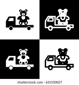 Truck with bear. Vector. Black and white icons and line icon on chess board.