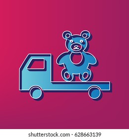 Truck with bear. Vector. Blue 3d printed icon on magenta background.