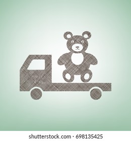 Truck with bear. Vector. Brown flax icon on green background with light spot at the center.