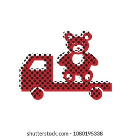 Truck with bear. Vector. Brown icon with shifted black circle pattern as duplicate at white background. Isolated.