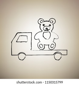 Truck with bear. Vector. Brush drawed black icon at light brown background.