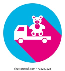 Truck with bear. Vector. Flat white icon with mexican pink shadow inside sky blue(S and G) circle at white background. Isolated. Trend colors in 2017.