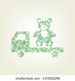 Truck with bear. Vector. Green hexagon rastered icon and noised opacity and size at light green background with central light.