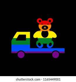 Truck with bear. Vector. Icon with colors of LGBT flag at black background.