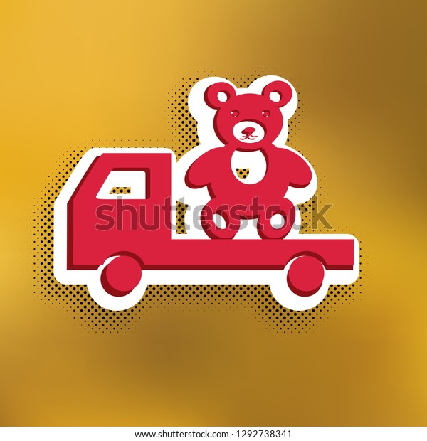 Truck with\
bear. Vector. Magenta icon with darker shadow, white sticker and\
black popart shadow on golden\
background.