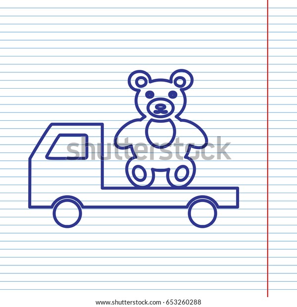 Truck with bear. Vector. Navy\
line icon on notebook paper as background with red line for\
field.