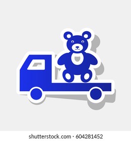 Truck with bear. Vector. New year bluish icon with outside stroke and gray shadow on light gray background.