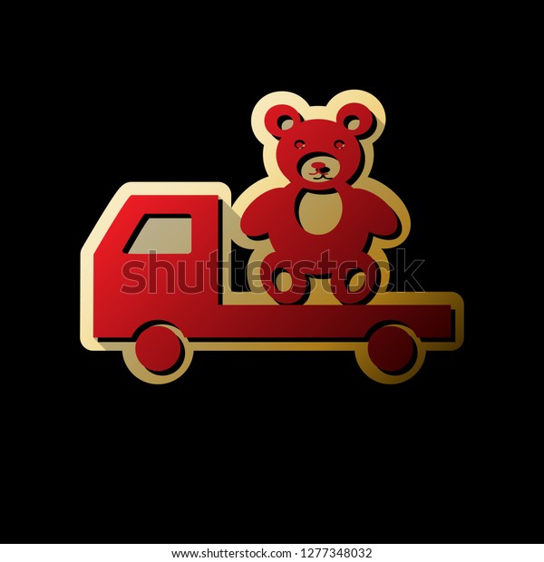 Truck with bear.\
Vector. Red icon with small black and limitless shadows at golden\
sticker on black\
background.