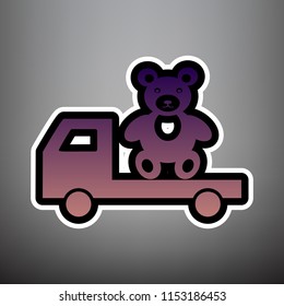 Truck with bear. Vector. Violet gradient icon with black and white linear edges at gray background.