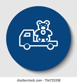 Truck with bear. Vector. White contour icon in dark cerulean circle at white background. Isolated.