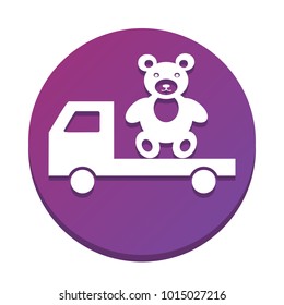 Truck with bear. Vector. White icon with flat shadow on purpureus circle at white background. Isolated.