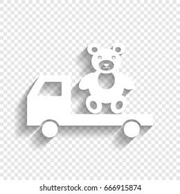 Truck with bear. Vector. White icon with soft shadow on transparent background.