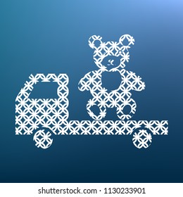 Truck with bear. Vector. White textured icon at lapis lazuli gradient background.