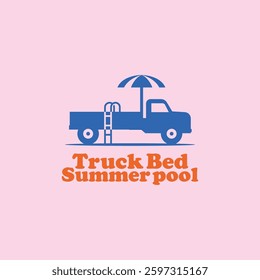 Truck Bed Swimming Pool logo with ladder and umbrella in flat minimal style. Car pool symbol sign graphic vector illustration