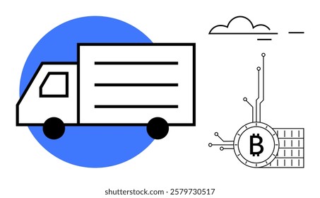 A truck beside a Bitcoin symbol with blockchain elements. Ideal for transportation, cryptocurrency, blockchain, technology, logistics