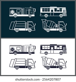 Truck big heavy car line art vector set icon illustration