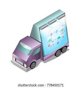 Truck with billboard. Vector isometric.
