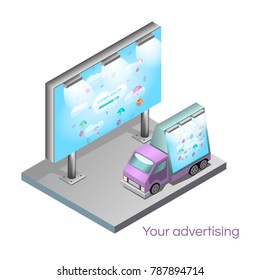 Truck with billboard. Vector isometric